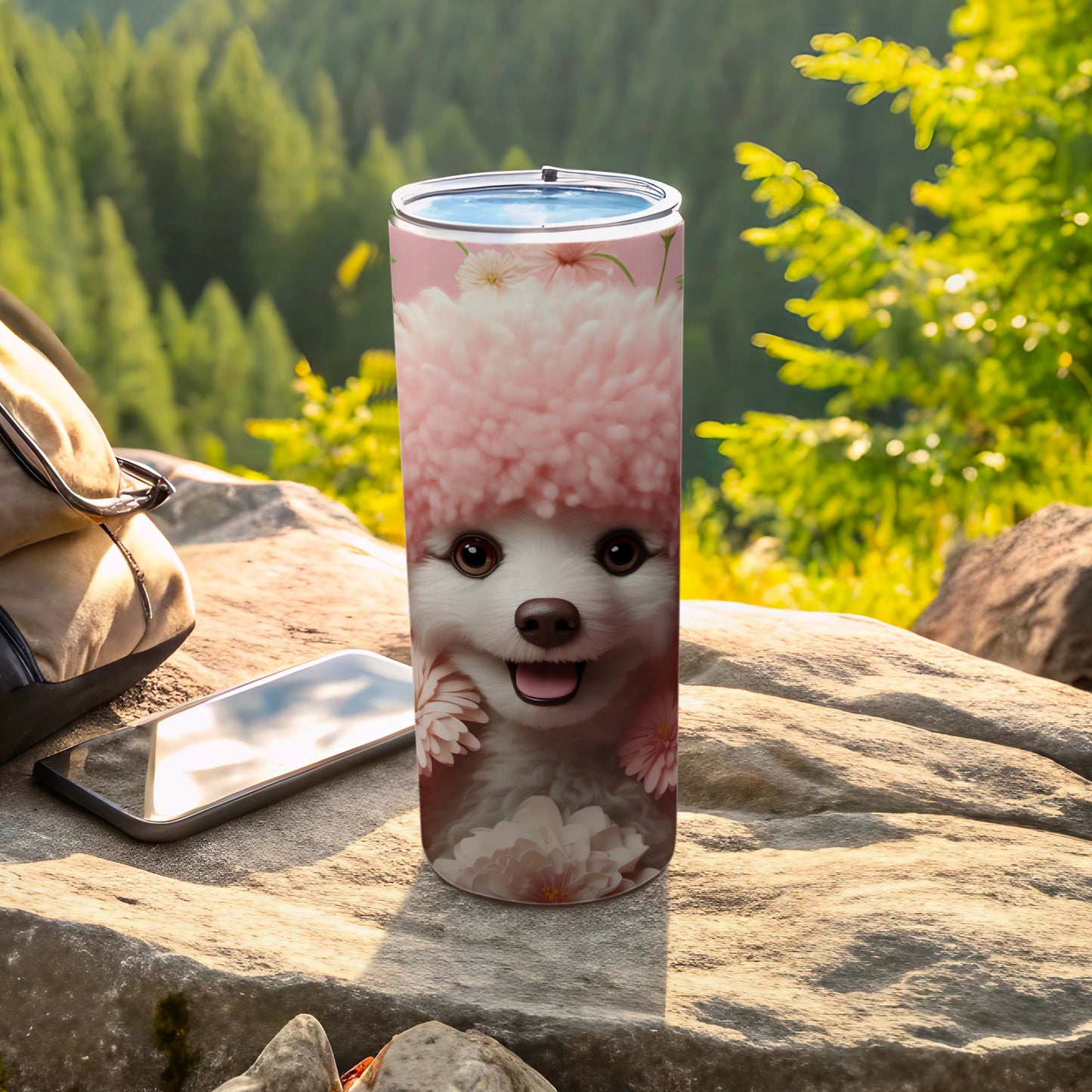 Happy Puppy Pink Floral Design Nature View Tumbler product type
Dog tumbler
Puppy design
Floral tumbler
Pink flowers
Cute dog art
Happy puppy
Nature scene
Outdoor drinkware
Forest background
Pet lover gift
Animal print
Insulated cup
Travel tumbler
Summer accessory
Whimsical design
Drink holder
Unique tumbler
Beverage container
Poodle art
Adventure gear