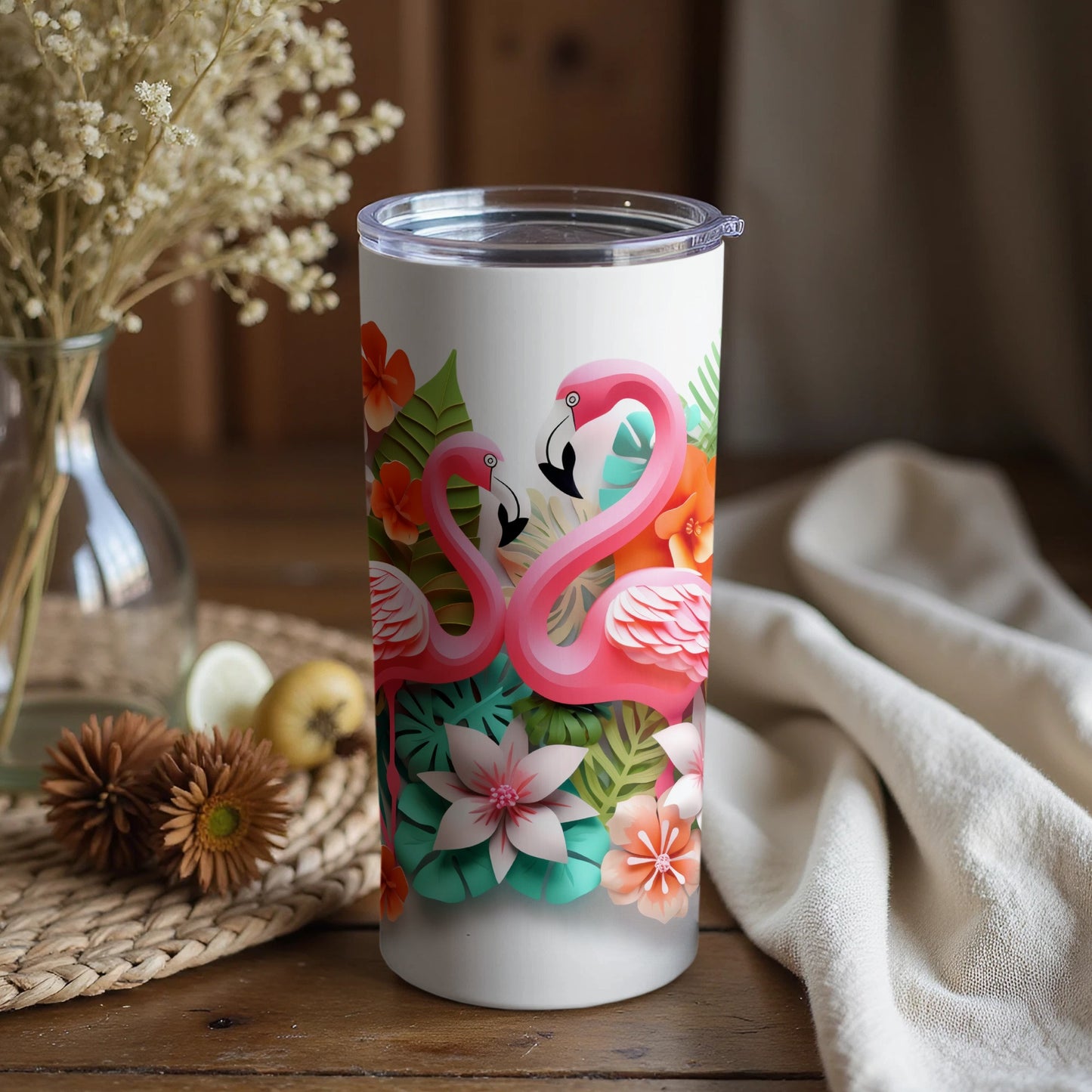 Flamingo and Tropical Flowers Insulated Tumbler Cup