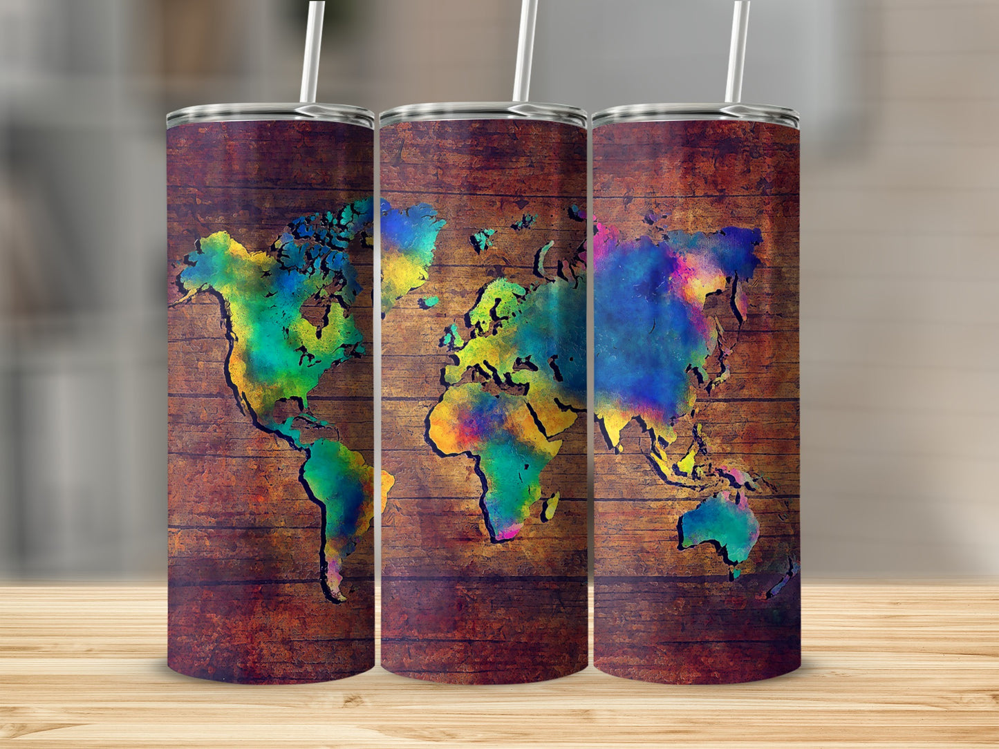 Three tumblers with a colorful world map on wood grain design.