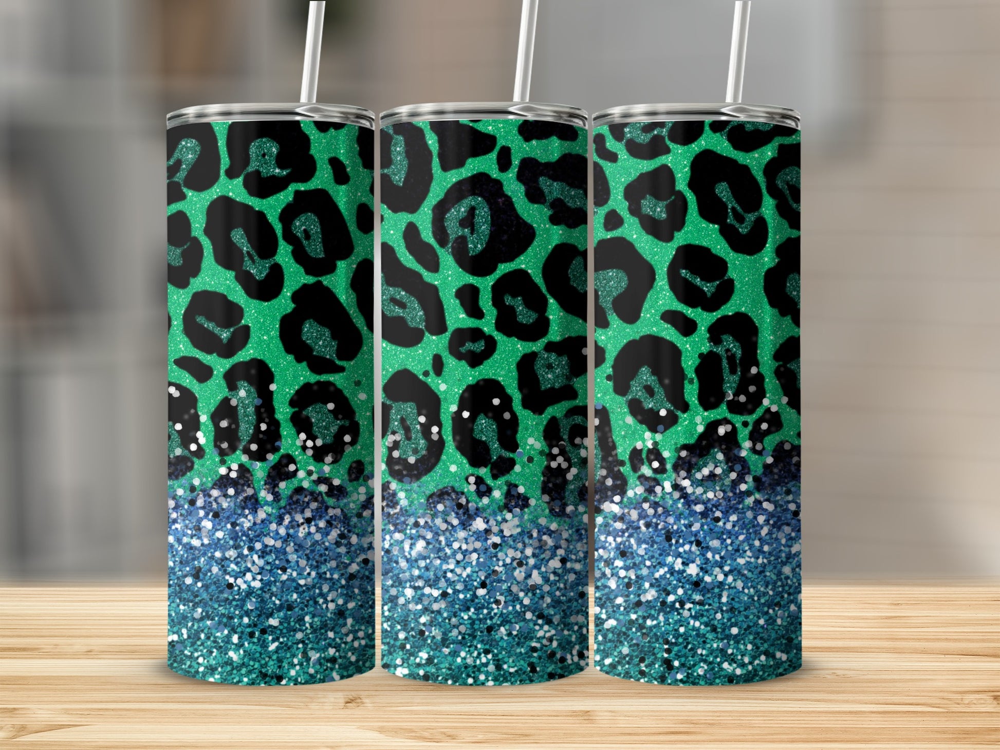 Leopard Print Green and Blue Glitter 20 oz Tumbler