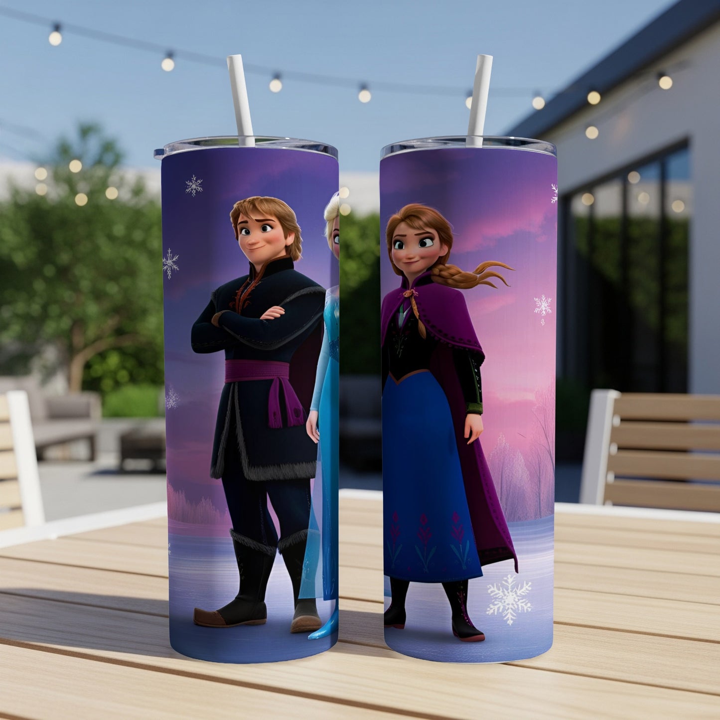 Two Frozen tumblers featuring Elsa and Kristoff on a wooden table.