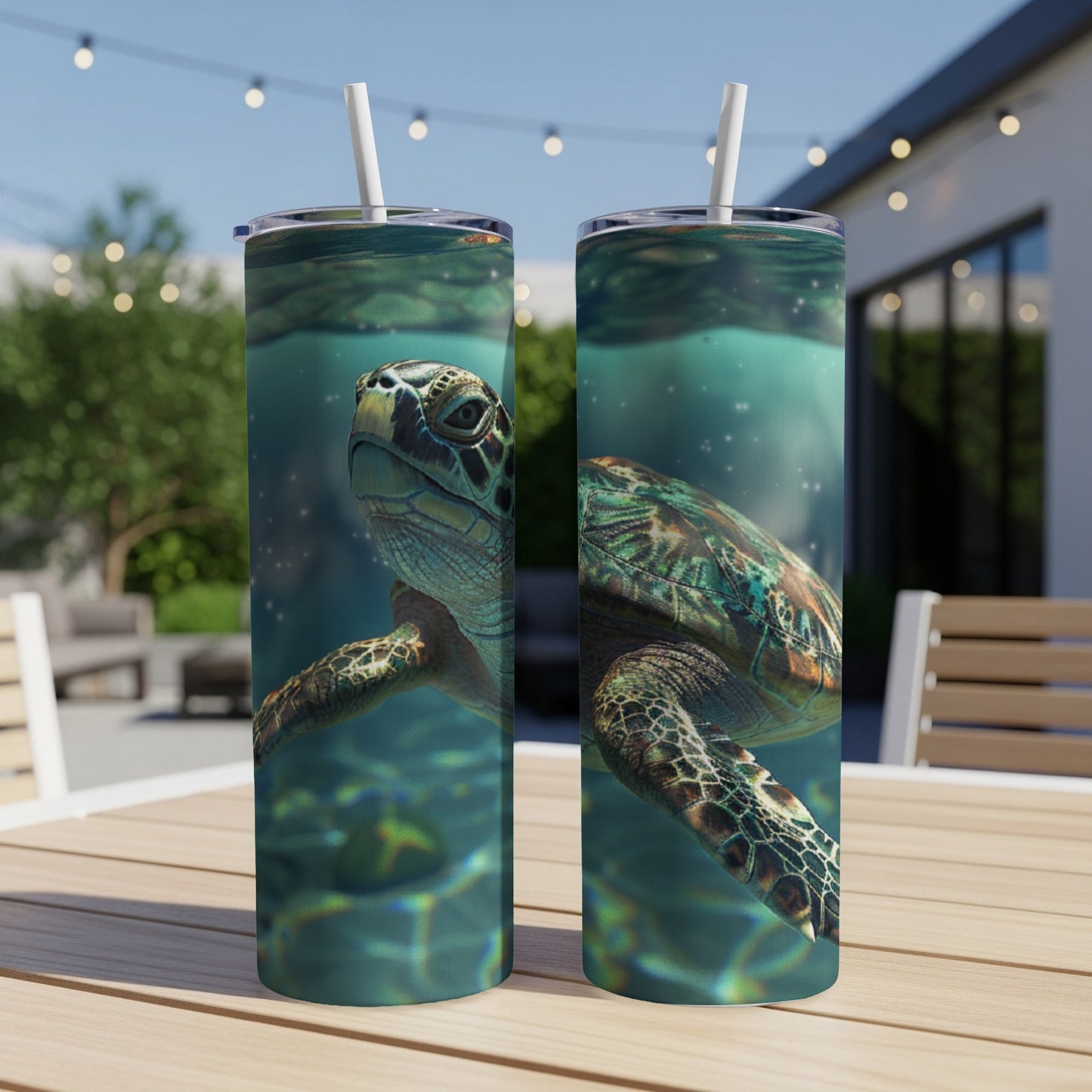 Two tumblers featuring a sea turtle swimming underwater.