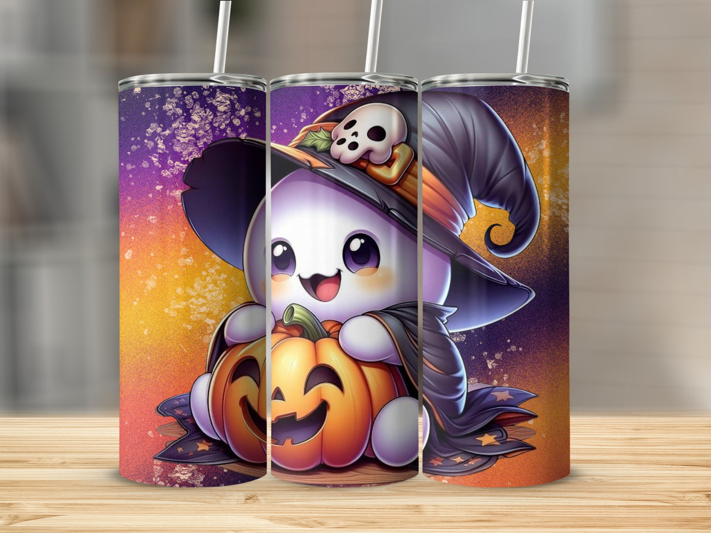 Cute Ghost with Witch Hat and Pumpkin Tumbler product