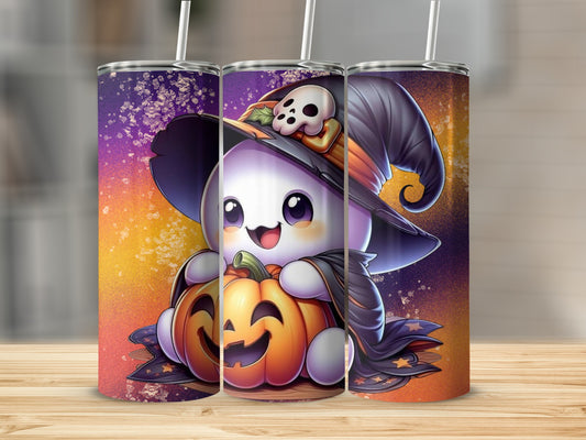 Cute Ghost with Witch Hat and Pumpkin Tumbler product