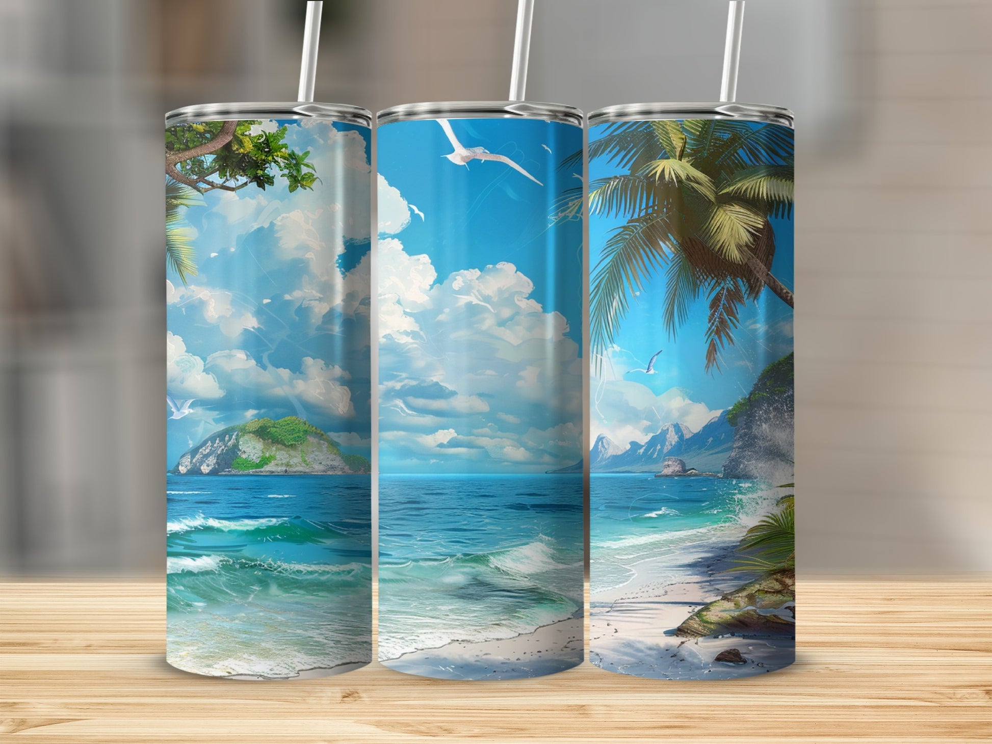 Three tumblers show a tropical beach scene with palm trees and ocean waves.