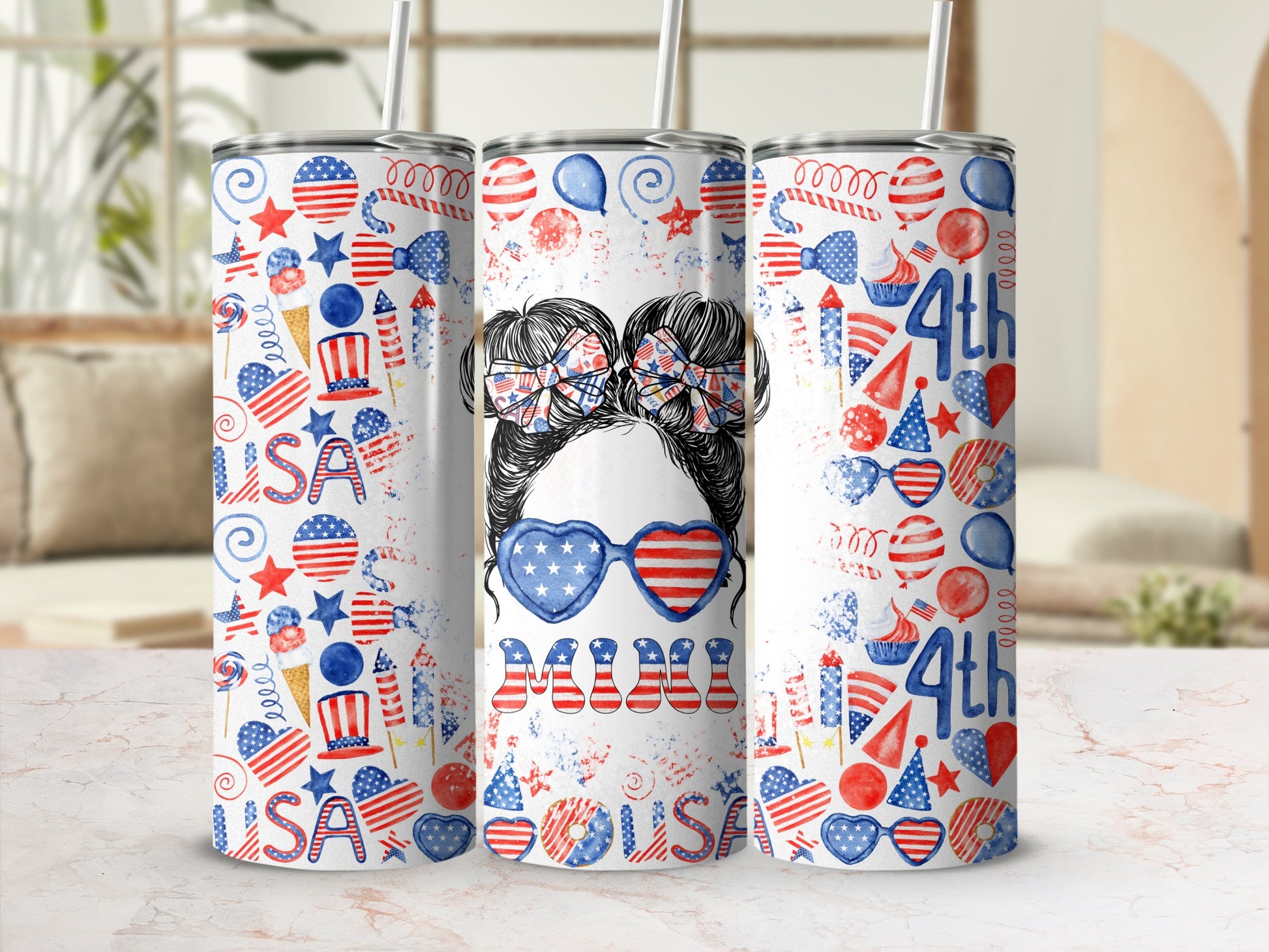 Patriotic tumblers with "MOM" and American flag heart sunglasses.