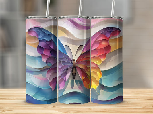 Three tumblers with abstract stained-glass butterfly designs.