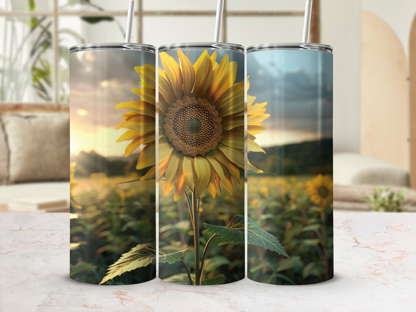 Three tumblers featuring a close-up sunflower in a field at sunset.