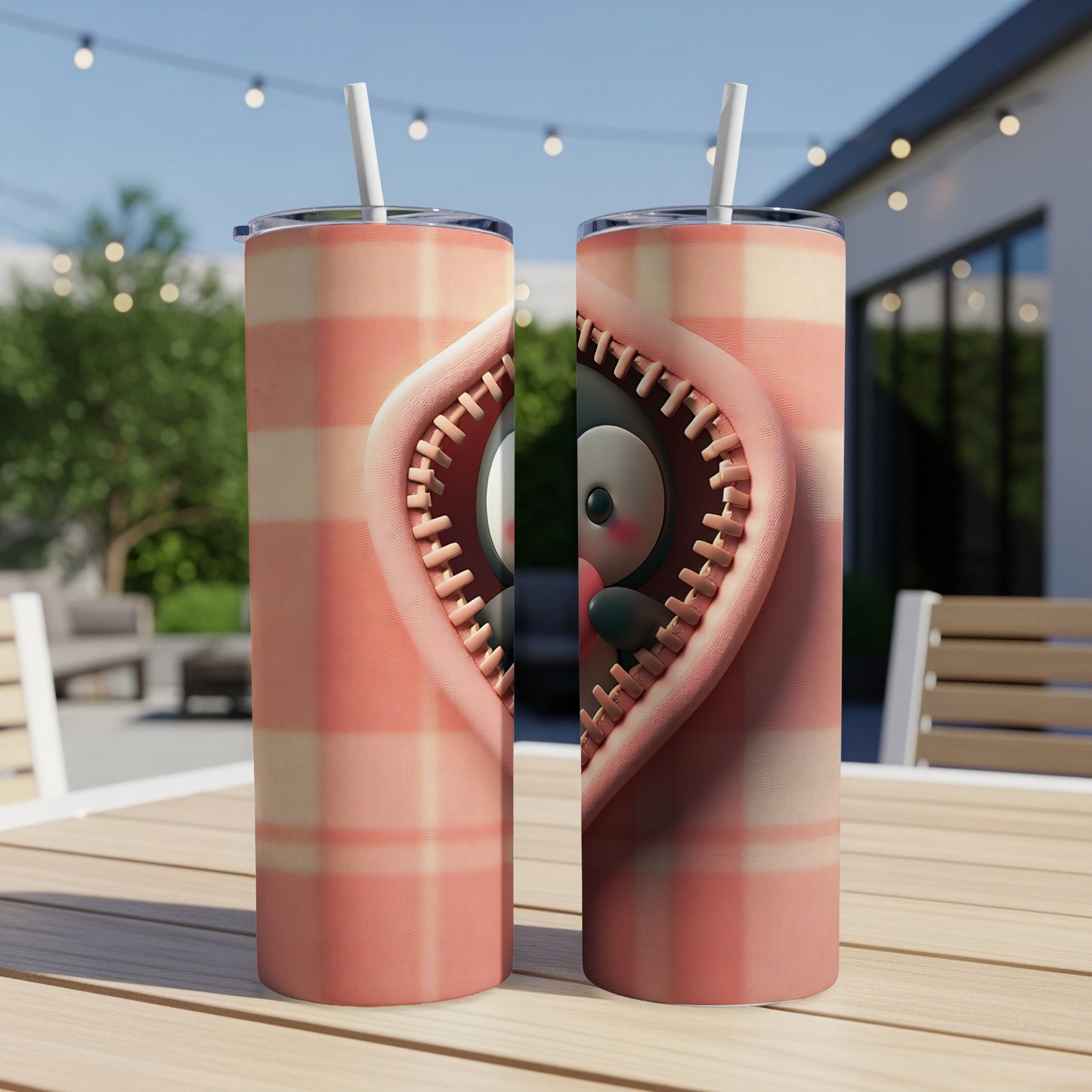 Two tumblers with a pink striped pattern and a cartoon character peeking from a heart shape.