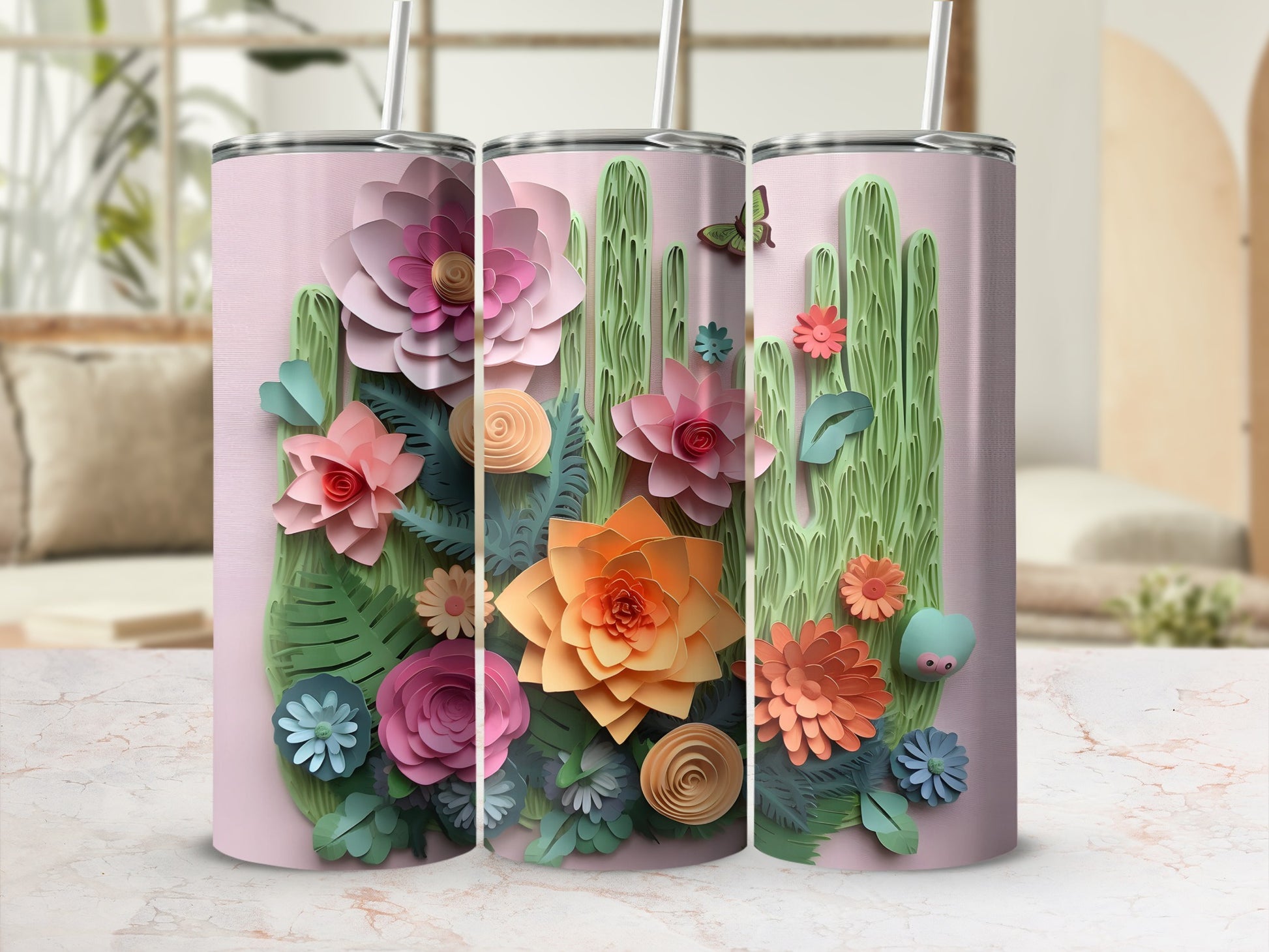 Colorful Succulent and Cactus Design Tumbler Cup