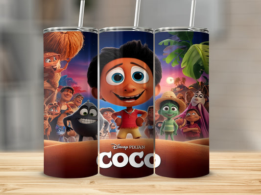 Disney Pixar's Coco characters Miguel, Hector, and Xibalba on a tumbler.