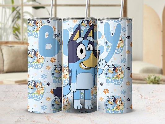 Bluey character tumbler with paw print pattern and blue lettering.