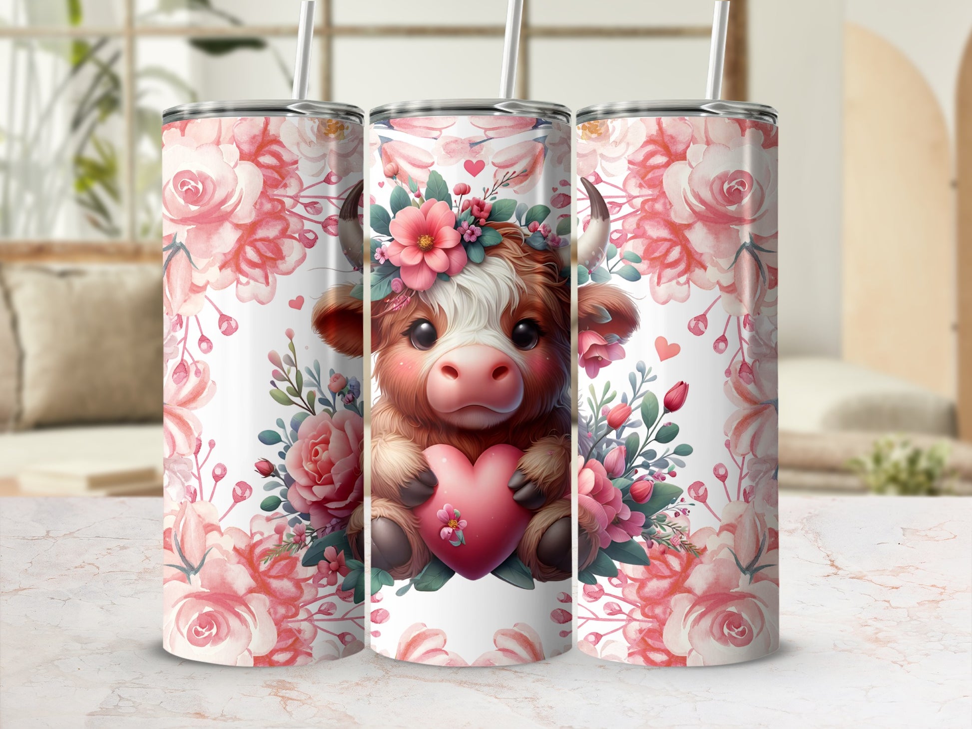 Adorable Cow With Heart and Floral Design Tumbler