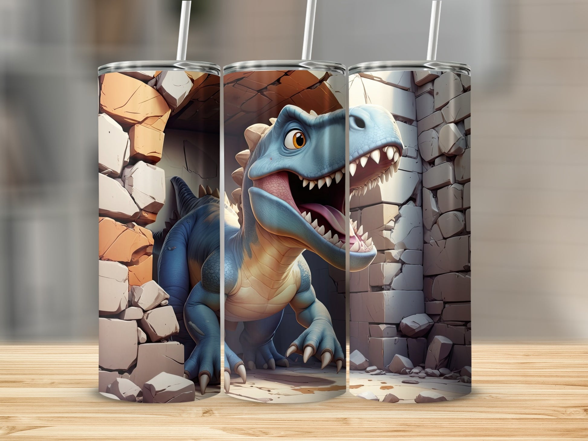 Cartoon blue dinosaur peeking through stone wall opening on a tumbler.