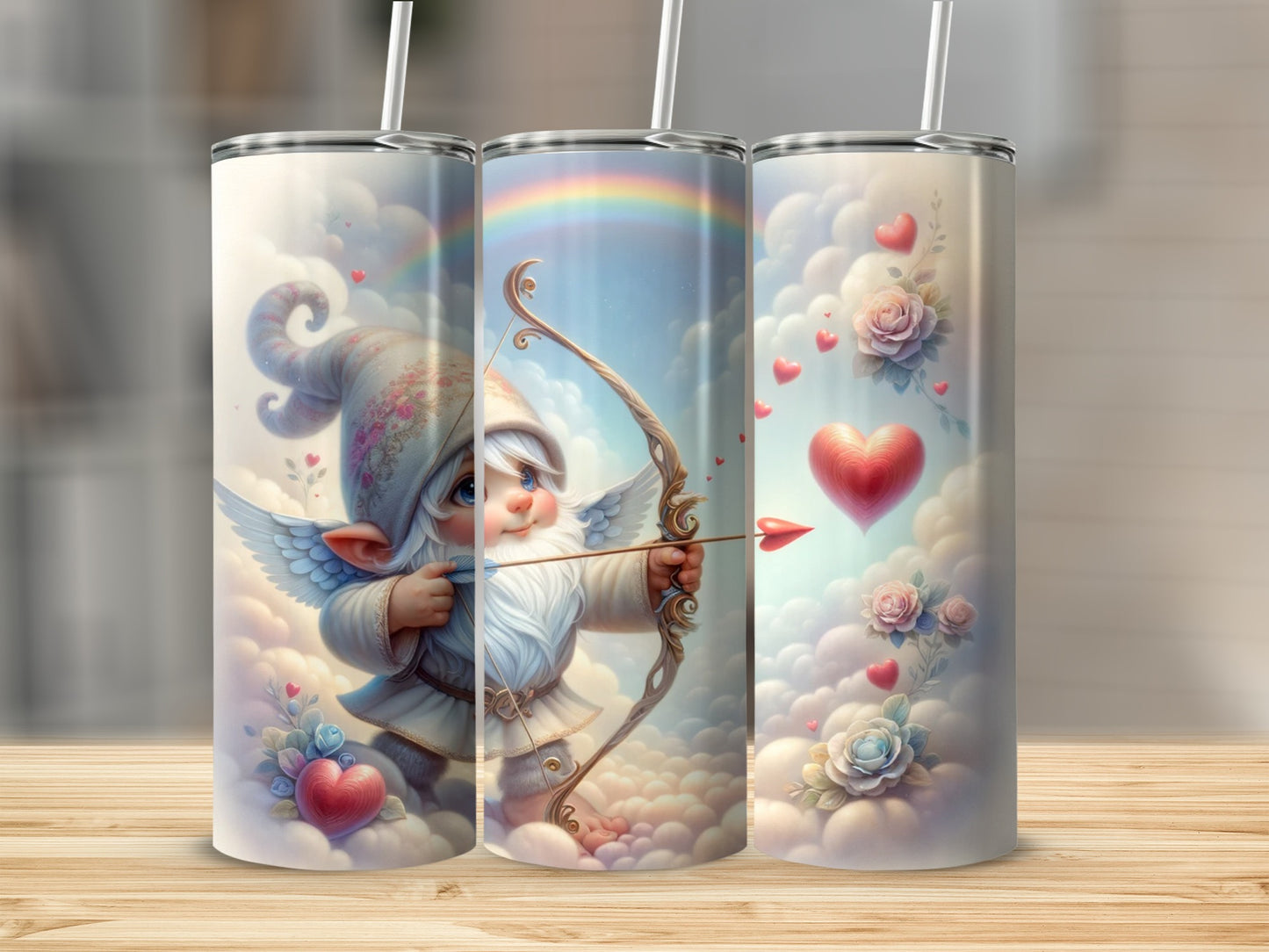 Cupid Gnome with Rainbow and Heart Tumbler