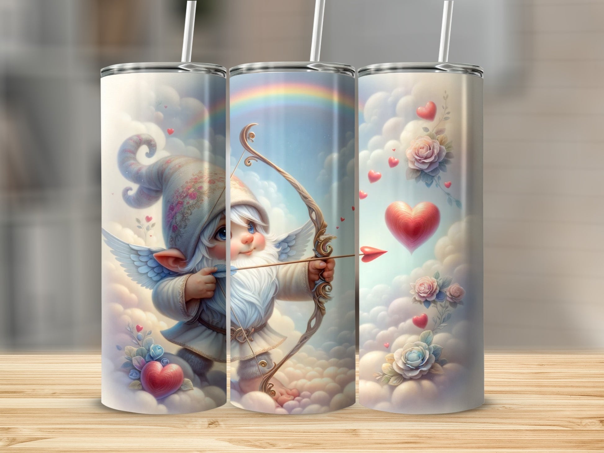 Cupid Gnome with Rainbow and Heart Tumbler