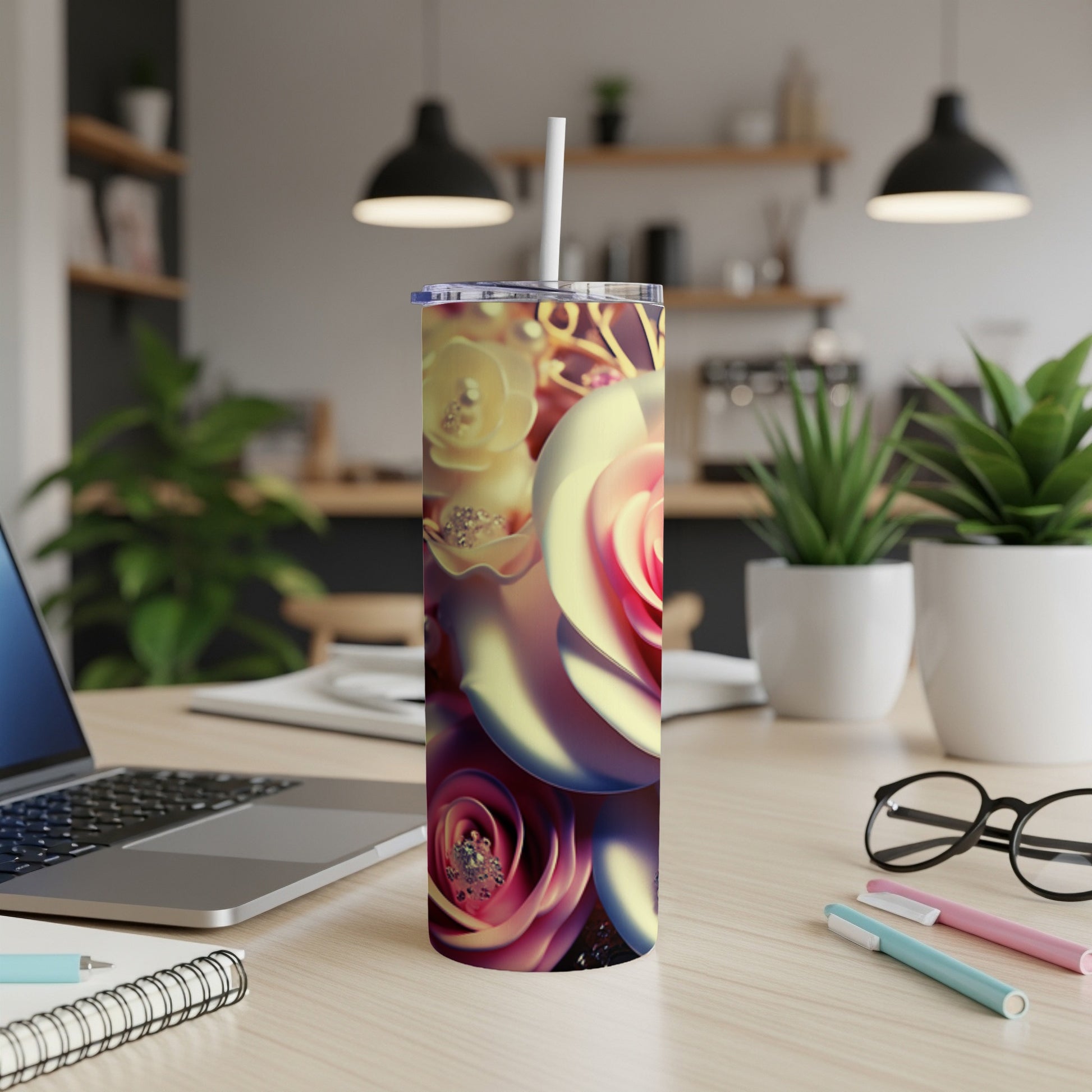 Tumbler with floral design featuring pink and yellow roses.
