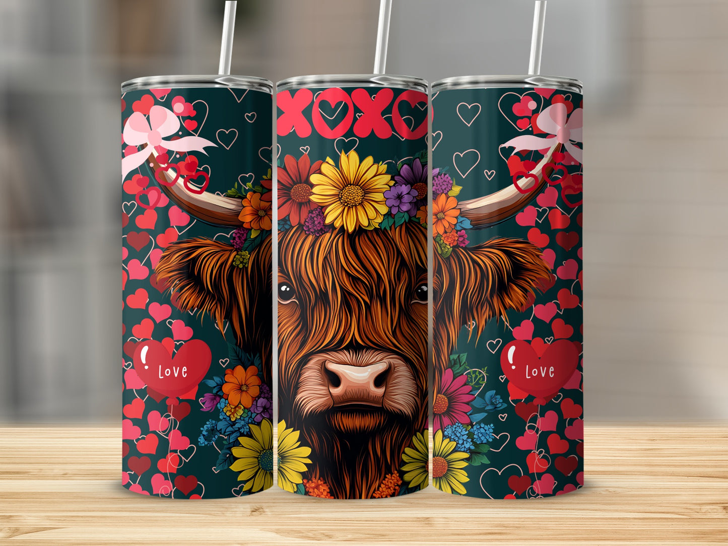 Floral and Heart Decorated Highland Cow Tumbler