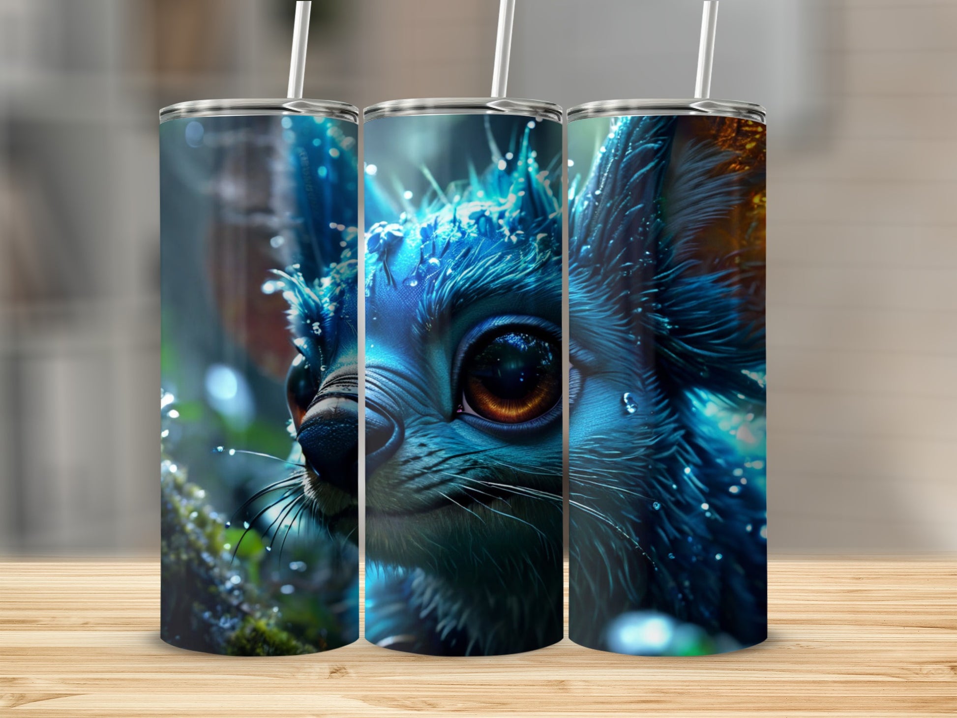 Furry creature with glowing eyes and sparkling blue fur on a tumbler.