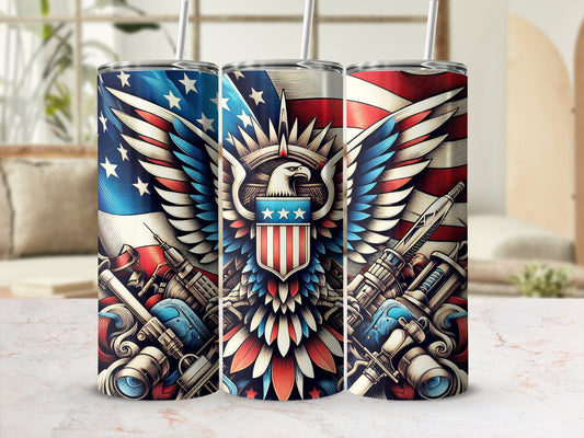 Patriotic eagle with US flag wings and mechanical elements on three tumblers.