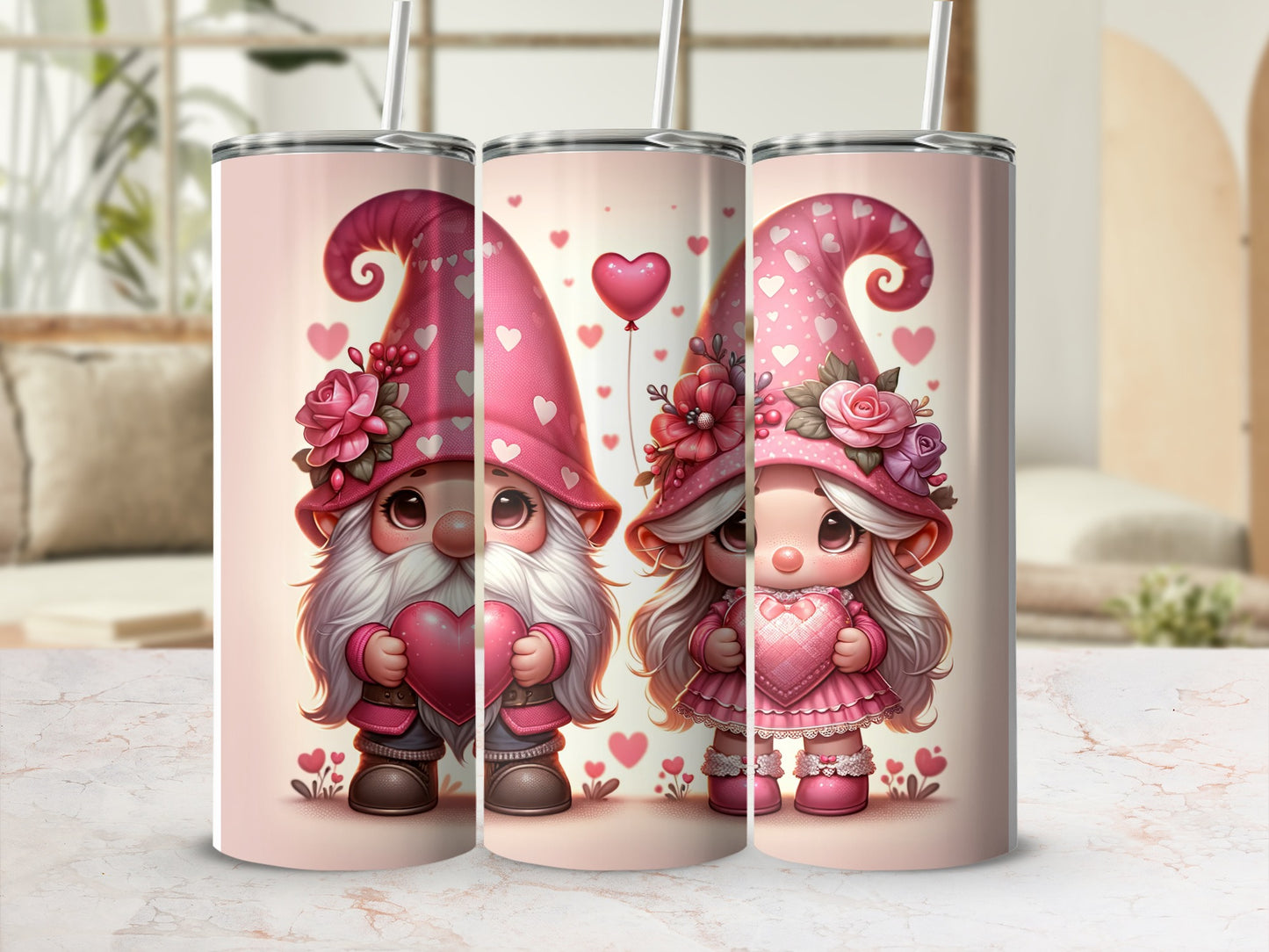 Two Valentine's Day gnomes with pink hearts and floral accents.