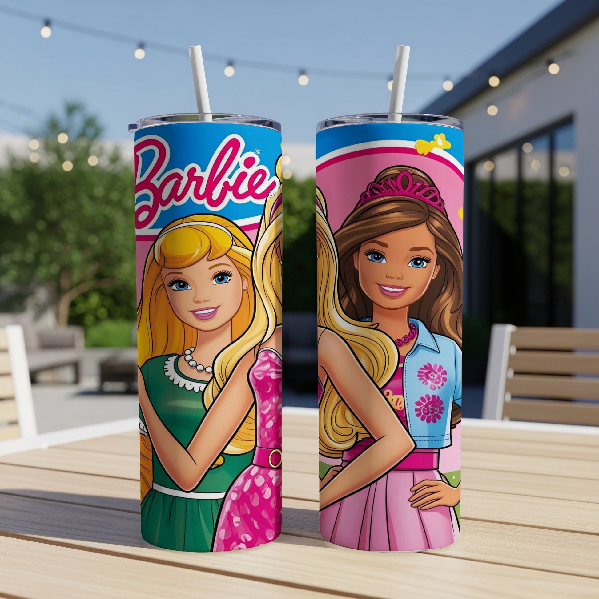 Two Barbie-themed tumblers with cartoon characters and "Barbie" logo.