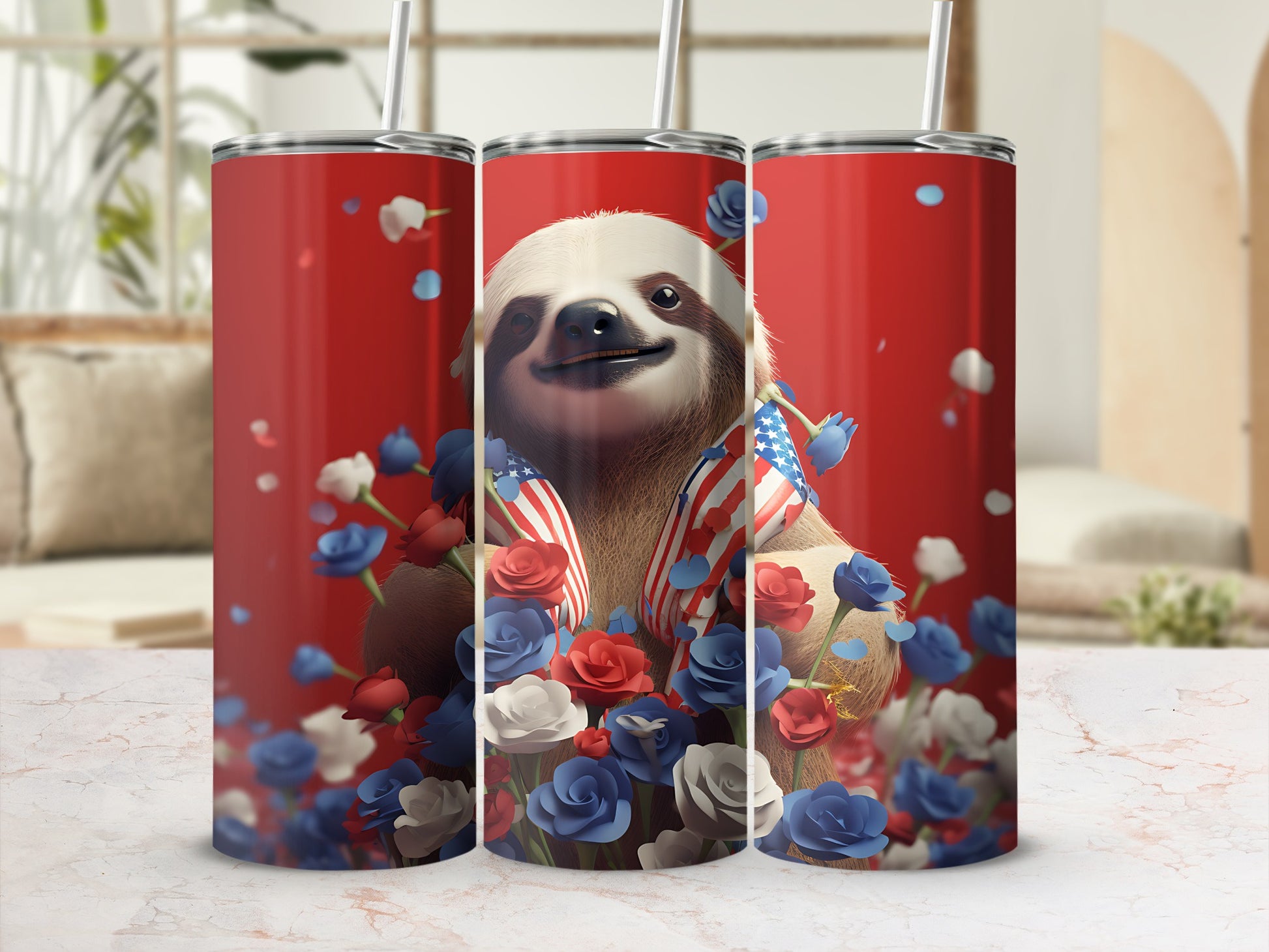Sloth wearing American flags and surrounded by red, white, and blue flowers.