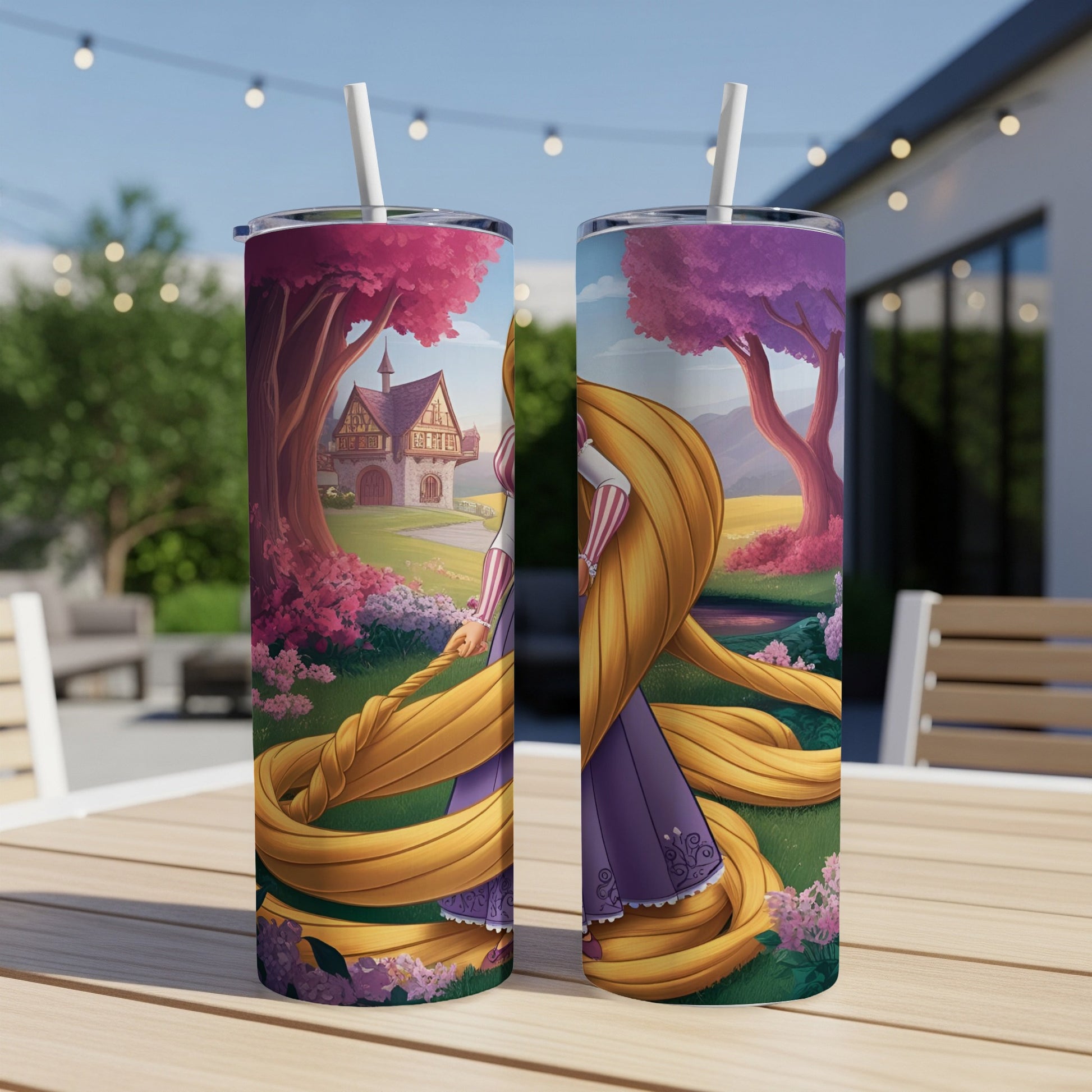 Rapunzel's long blonde hair flowing with a castle and floral background.
