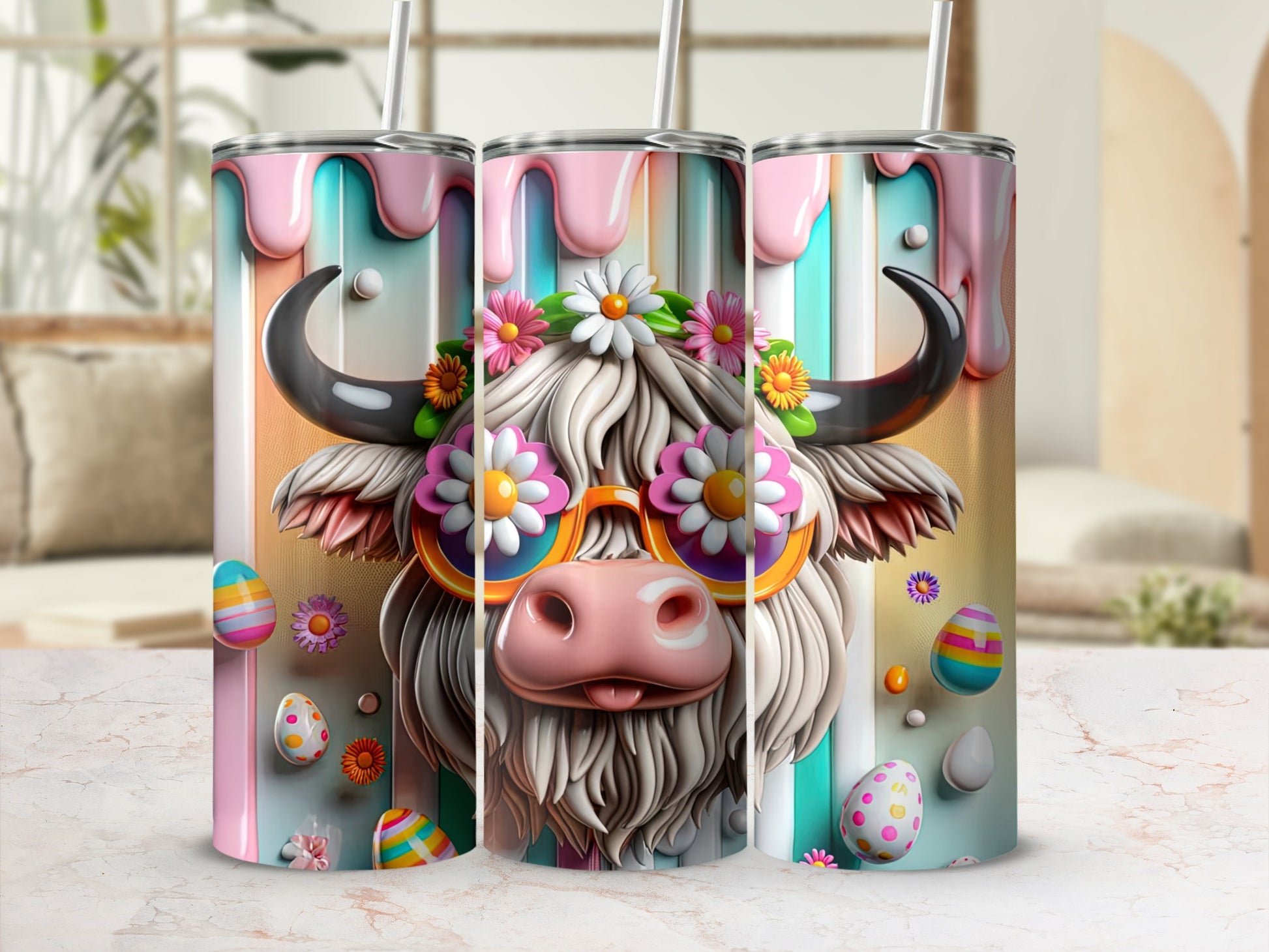 Highland cow with sunglasses and floral crown, surrounded by Easter eggs.