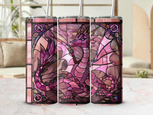 Stained glass tumbler with pink dragon design.