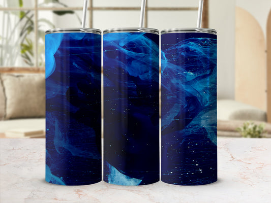 Three tumblers with swirling blue abstract design and white speckles.