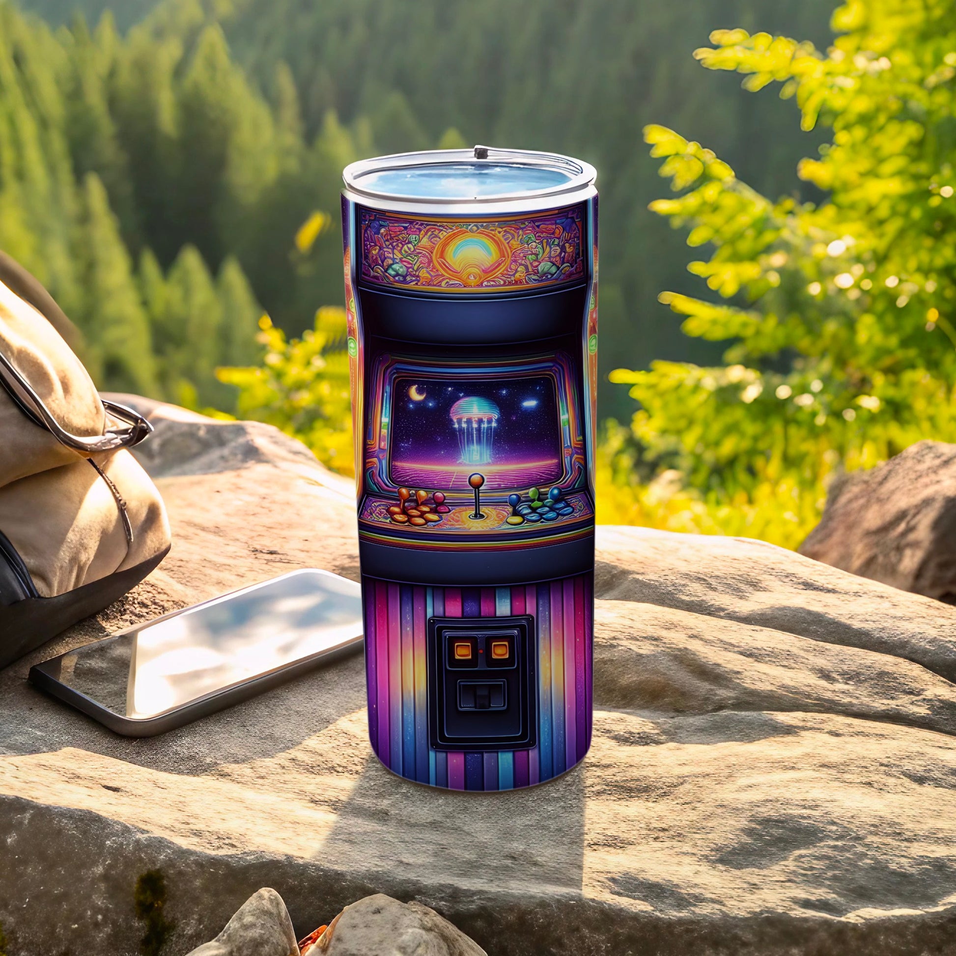 Tumbler with retro arcade game design featuring colorful buttons and screen.