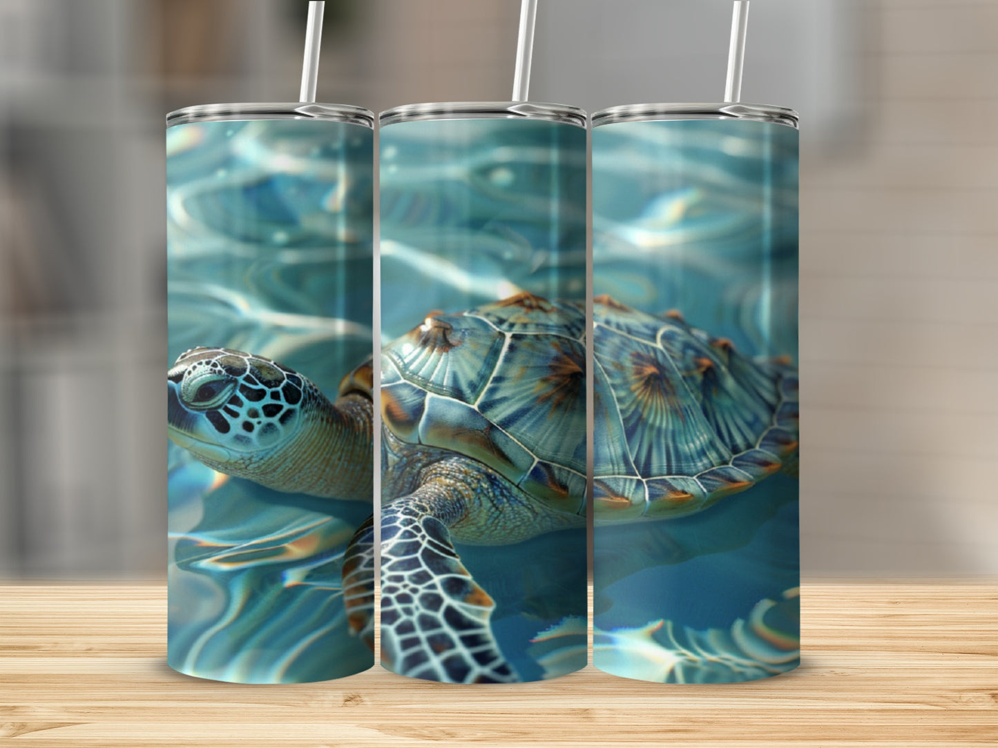 Sea turtle swimming underwater with ripples and sunlight.