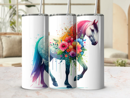 White horse with rainbow mane and floral body illustration on a tumbler.