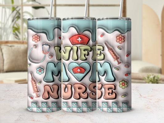 "WIFE MOM NURSE" tumbler with medical icons and pastel wavy design.