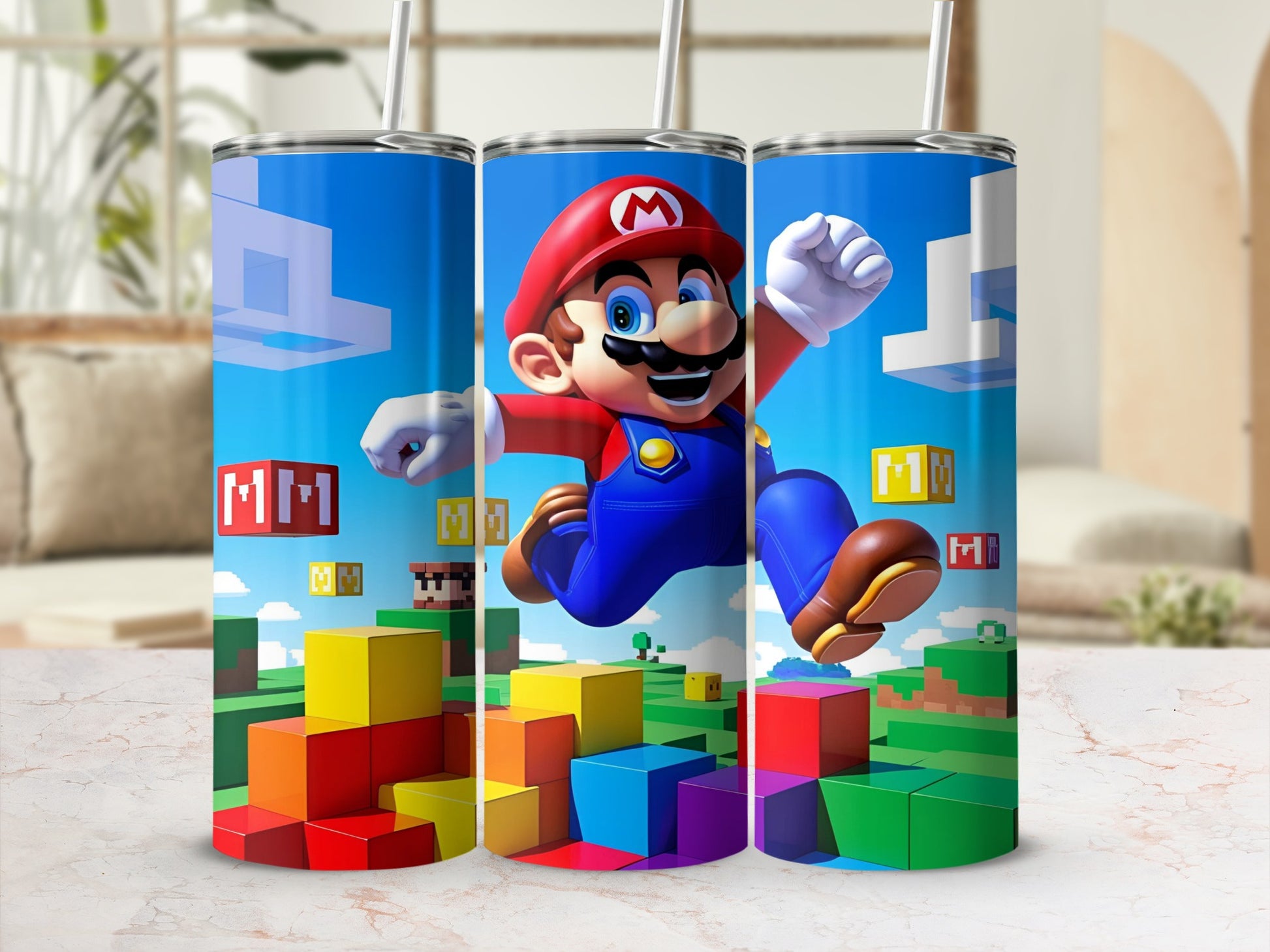 Mario jumping on colorful blocks in a video game scene.