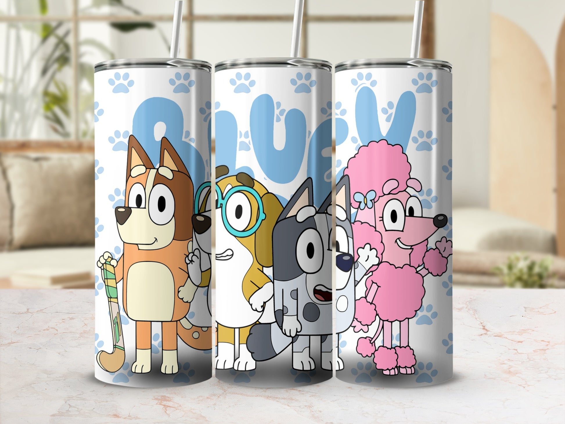 Three Bluey characters, Bandit, Bingo, and Coco, on a patterned tumbler.