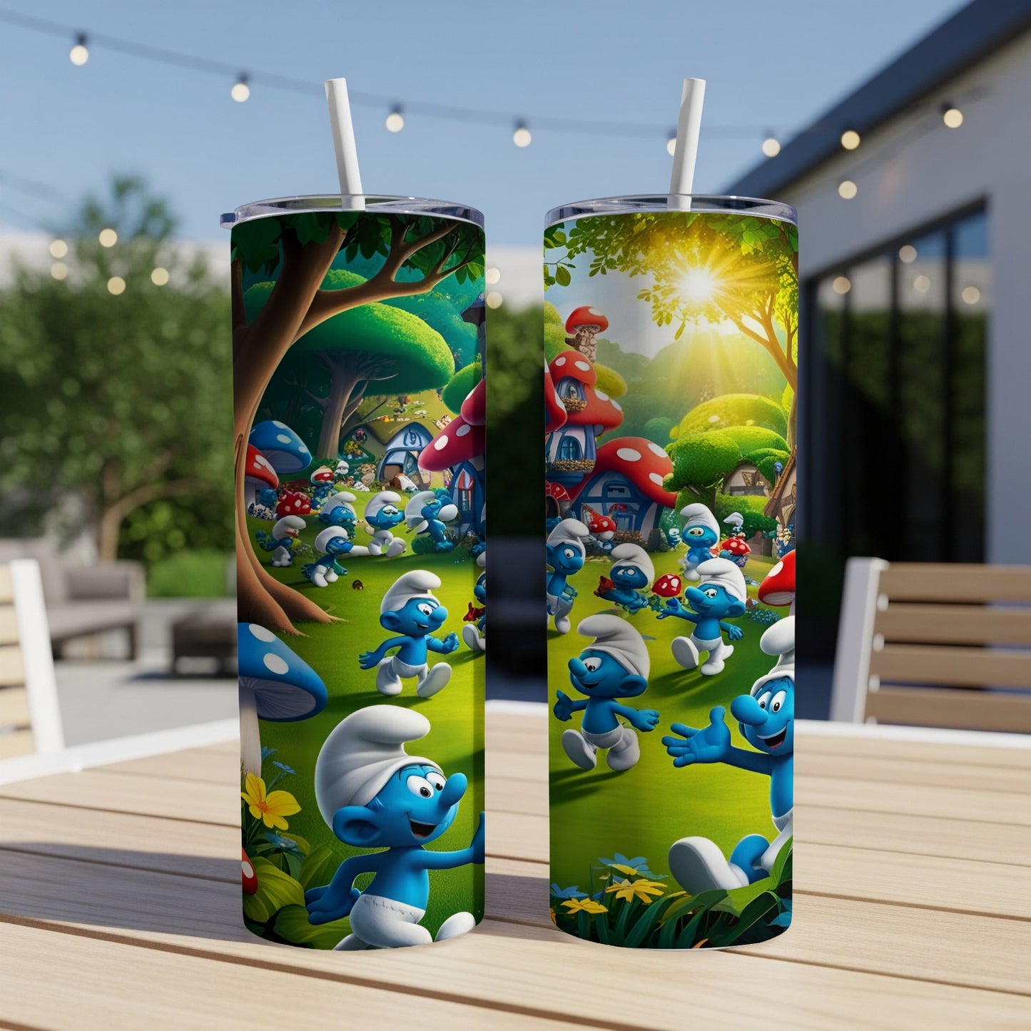 Two Smurf tumblers with various Smurf characters and mushroom houses on a table outdoors.