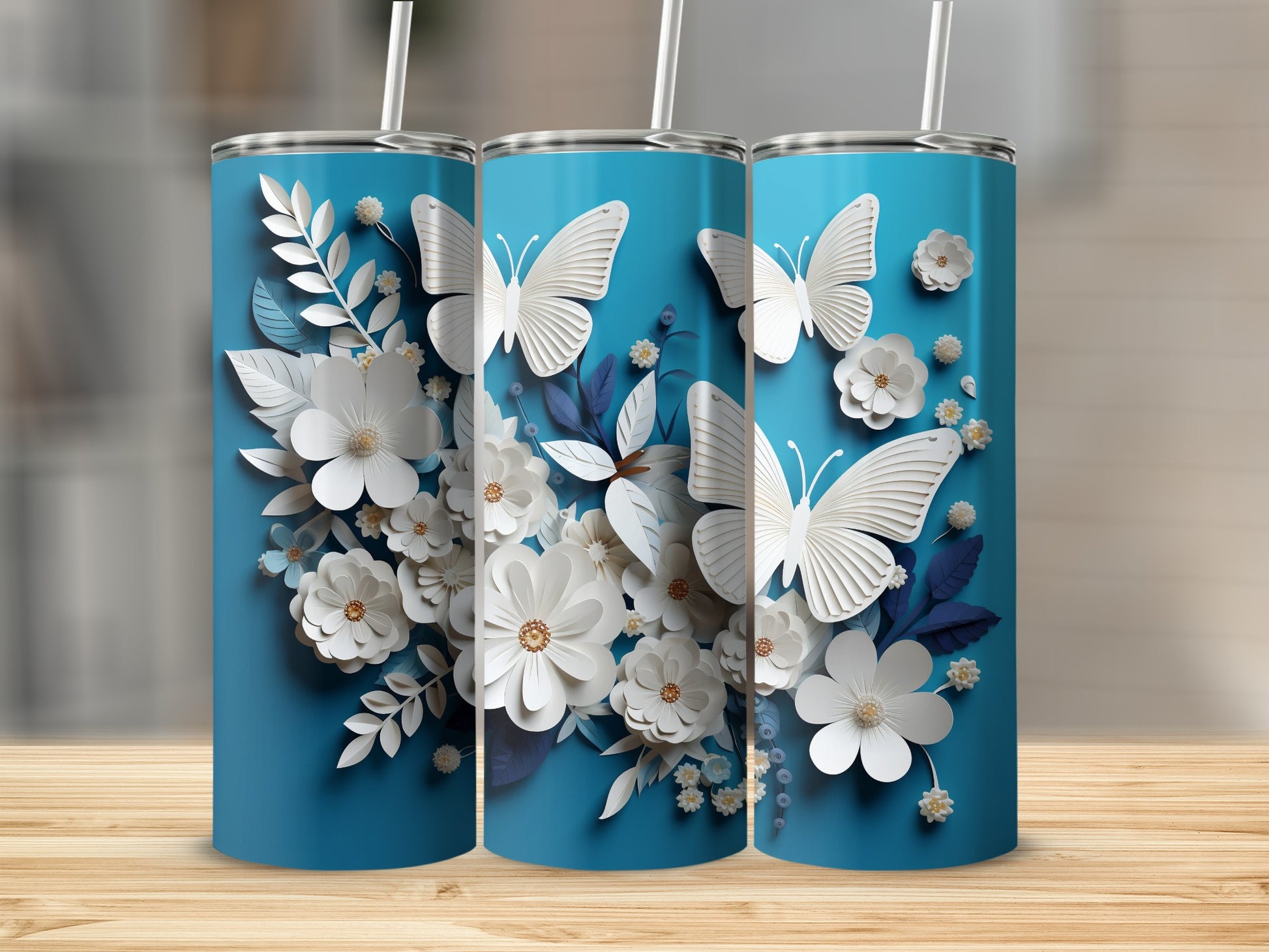 White Papercut Butterflies Flowers Blue Tumbler product type