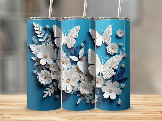 White Papercut Butterflies Flowers Blue Tumbler product type