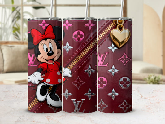 Minnie Mouse in red dress with LV pattern tumbler and gold heart zipper.