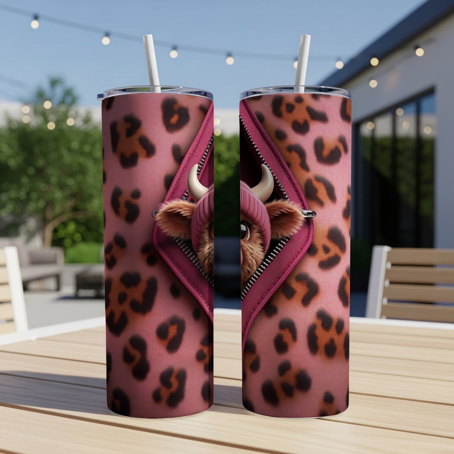Pink leopard print tumbler with zipper revealing a cute fluffy highland cow.