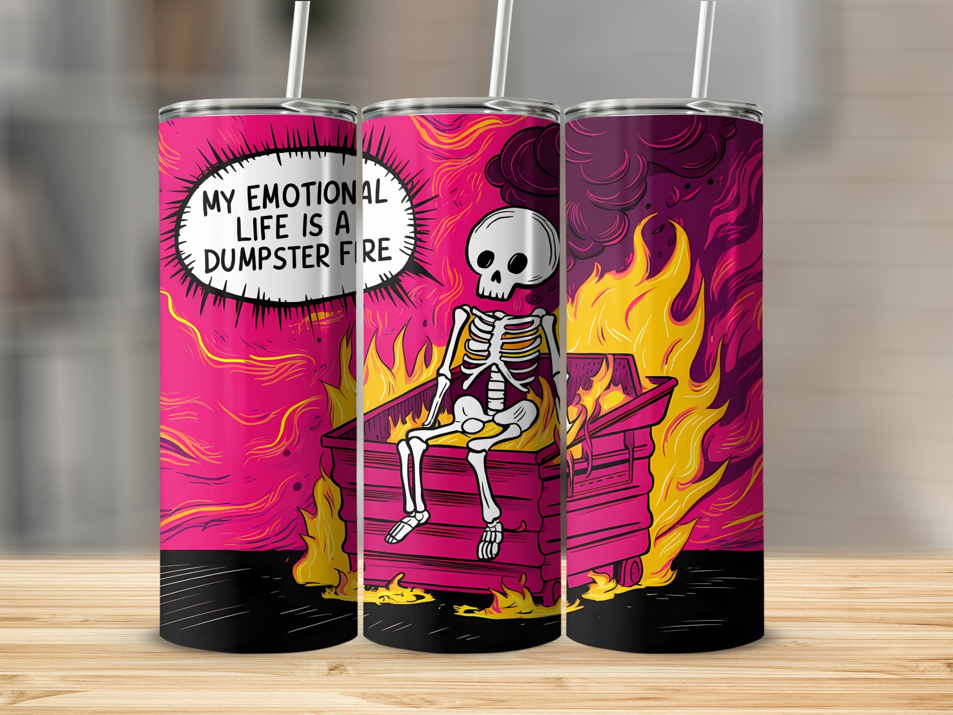 Skeleton sitting in a dumpster fire with text "My emotional life is a dumpster fire".