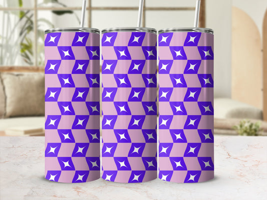 Purple and white geometric pattern on three stainless steel tumblers.
