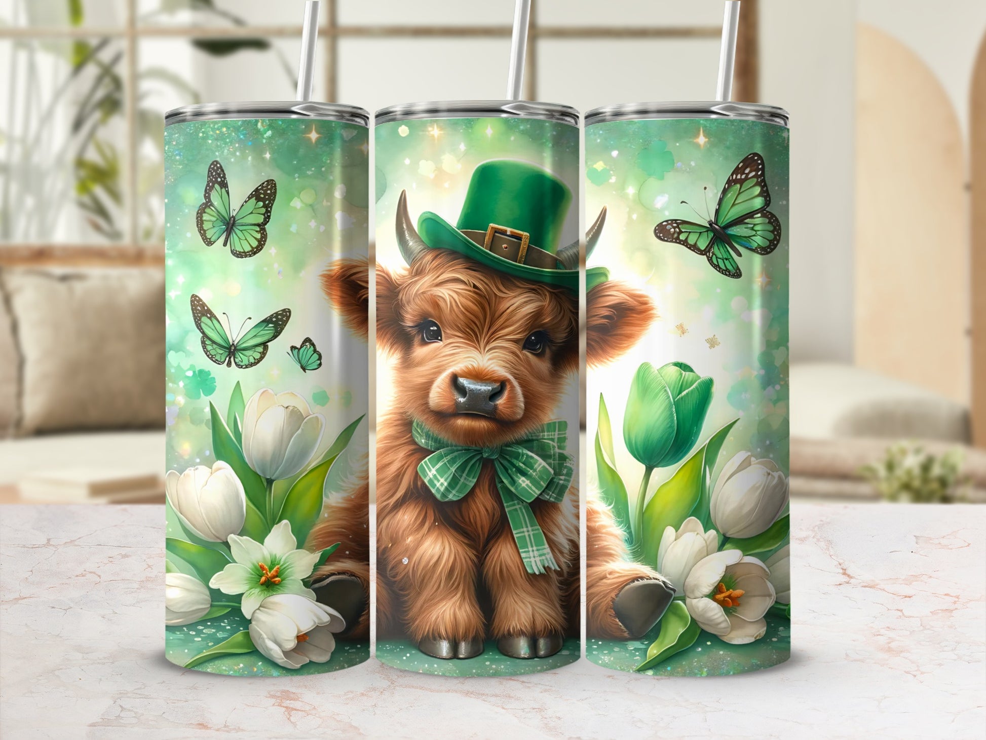 Green tumbler with a cartoon highland cow wearing a St. Patrick's Day hat and bowtie.
