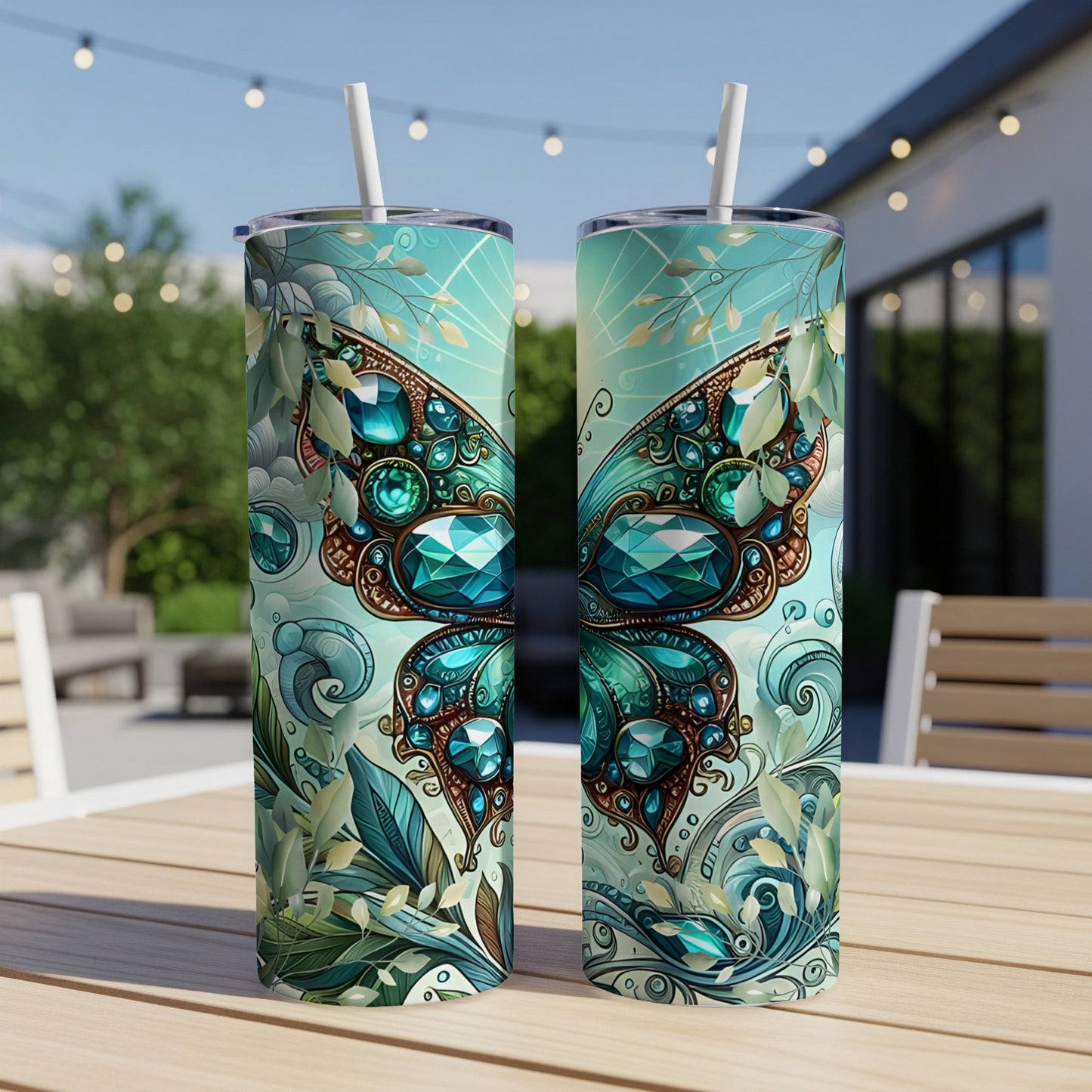 Two teal tumblers with jeweled butterfly designs sit on a table.