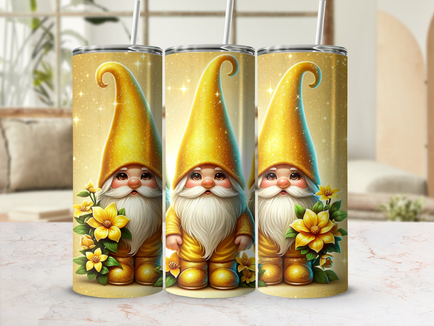 Cute Gnome Tumbler with Yellow Flowers Design