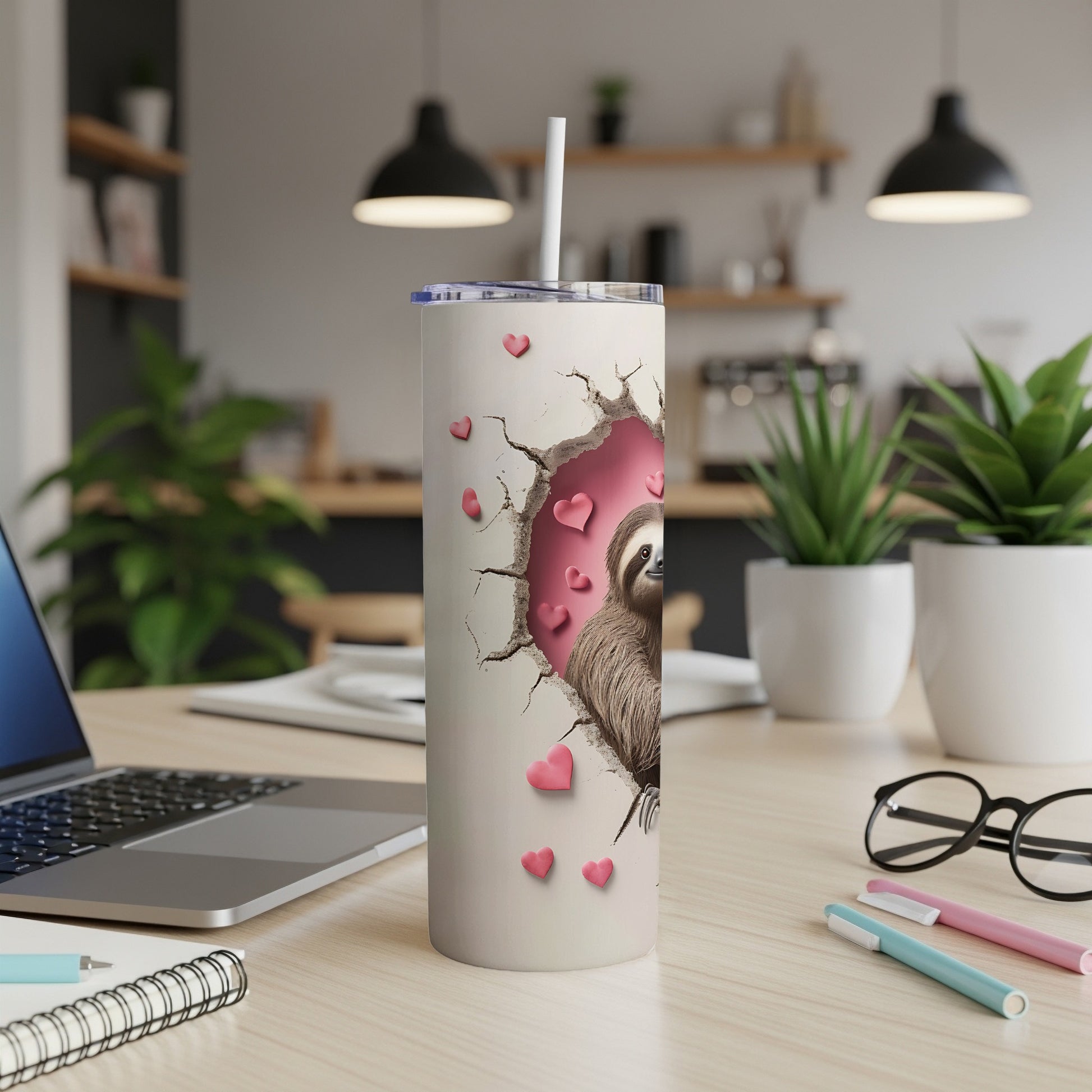 Tumbler with sloth peeking through cracked heart design, pink hearts.