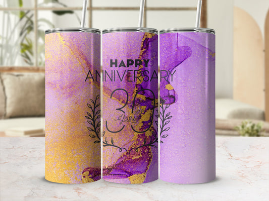 Purple and gold abstract pattern tumbler with "Happy Anniversary 3 Years" text.