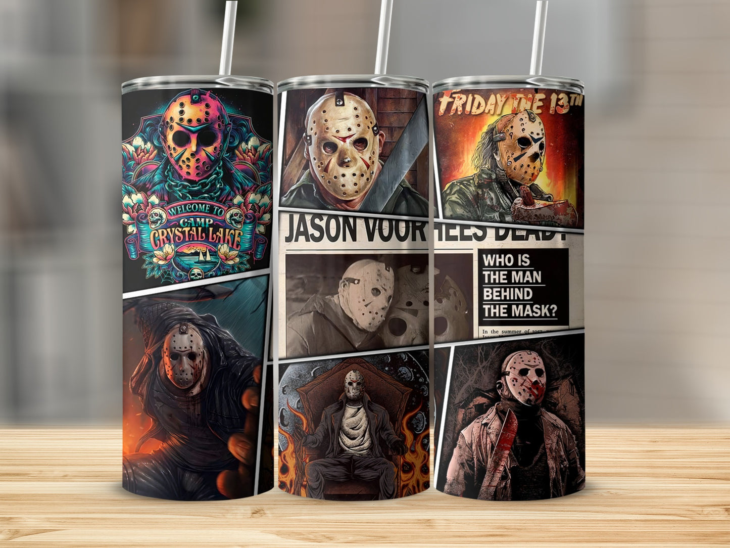 Tumbler with Friday the 13th artwork featuring Jason Voorhees and Camp Crystal Lake text.